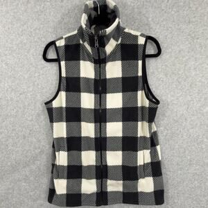 Chaps Womens Black White Buffalo Check Plaid Fleece Zip Vest Medium Preppy
